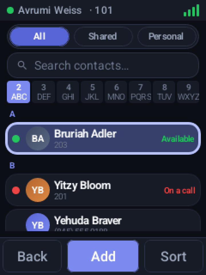 Contacts, dark theme
