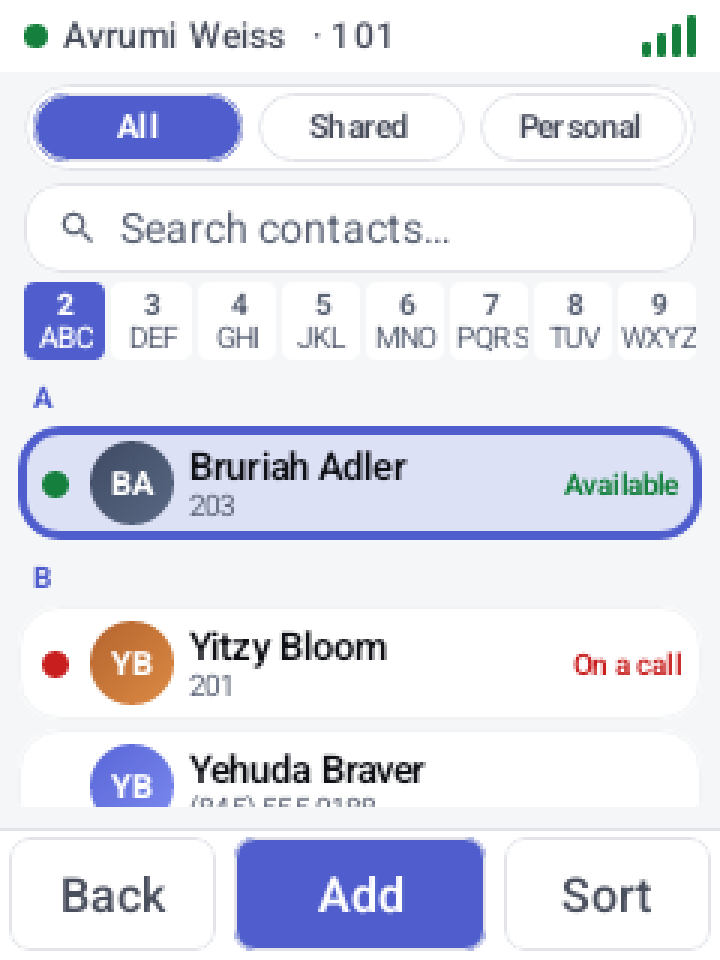 Contacts screen