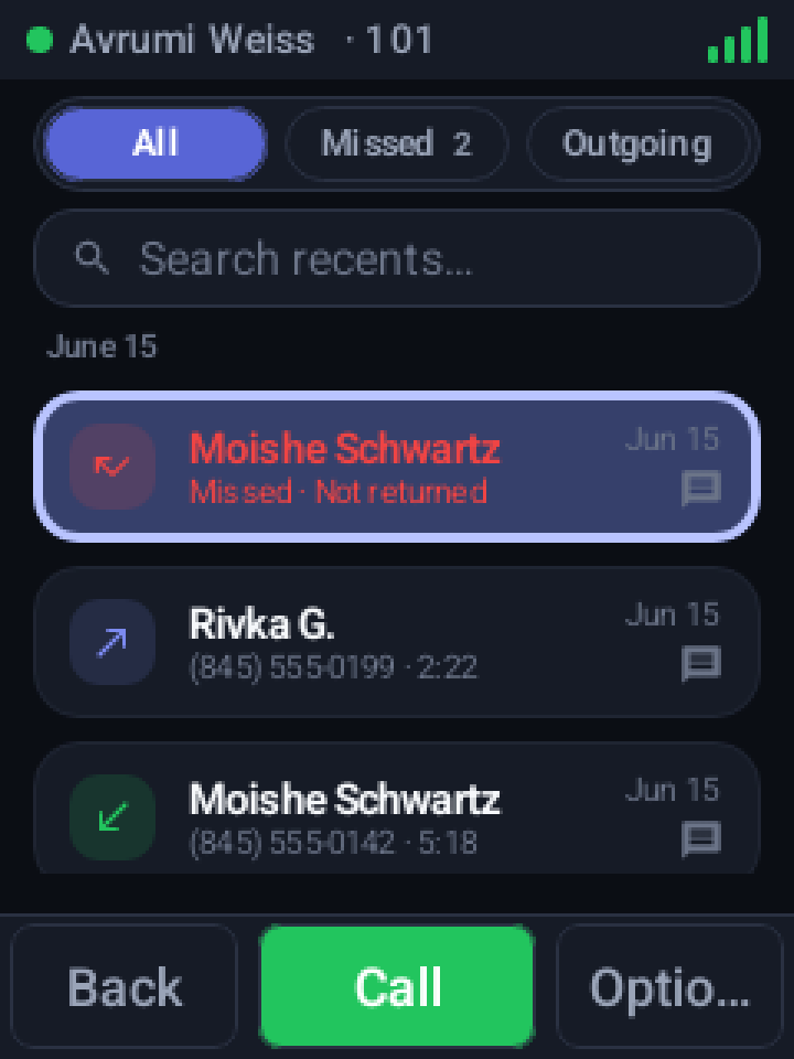 Recent calls, dark theme