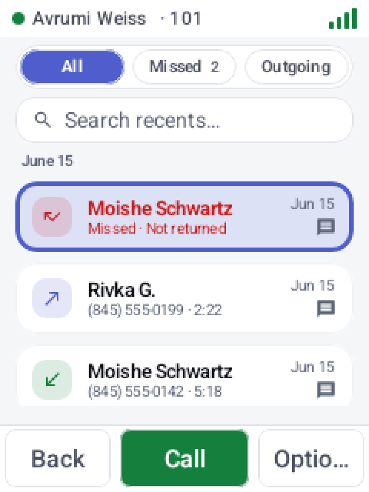 Recent calls, light theme